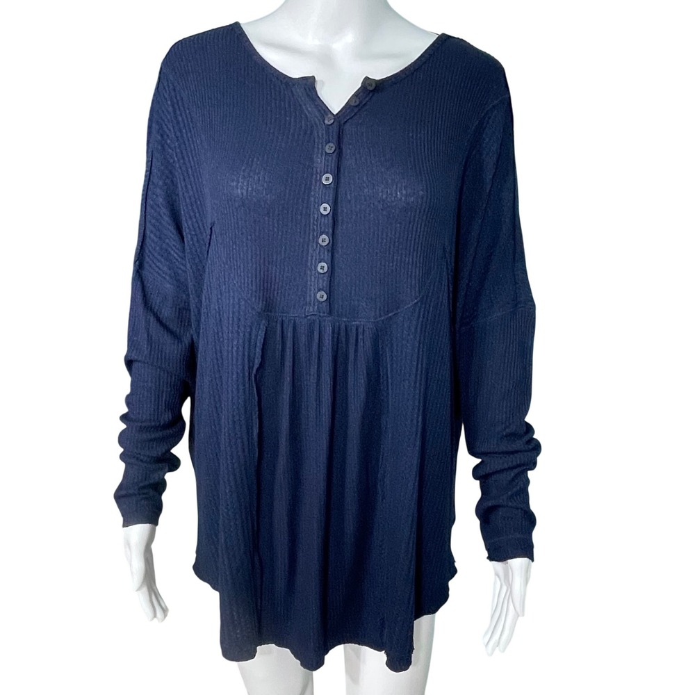 Free People Medium Navy Thermal Henley Top Long Sleeve Oversized Tunic Shirt